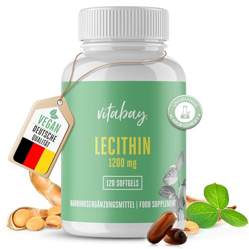 Vitabay Lecithin Kapseln hochdosiert 1200mg - 120 VEGANE Sojalecithin Softgel Soja Kapseln - Lecithin Vegan mit Phosphatidylcholin Stillen Vitamine E Lecitin-Phosphatidylcholine Phosphatidyl-Inositol