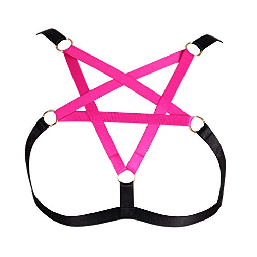 BBOHSS Damen Unterwäsche BH Pentagramm Body Harness Strap BH elastisch verstellbar Punk Gothic Dance Party Kostüm (Schwarz+Rose Rot)