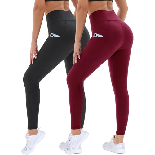 DDOBB 2er Pack Sport Leggings Damen High Waist Sportleggins Damen Lang Mit Taschen Gym Leggings Blickdicht Schwarz Sporthose Elastische Bauchweg Yogahose Fitness Laufhose(Schwarz+Weinrot,L-XL)