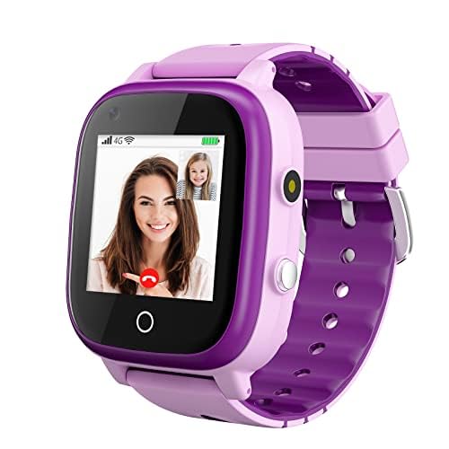 OKYUK 4G Smartwatch für Kinder mit SIM-Karte, GPS-Tracker, mehrere Desktop-Stile zur Auswahl, Zwei-Wege-Anrufe, SOS, WLAN, wasserdichter Touchscreen für 4–12 Jungen und Mädchen (T5 Lila)