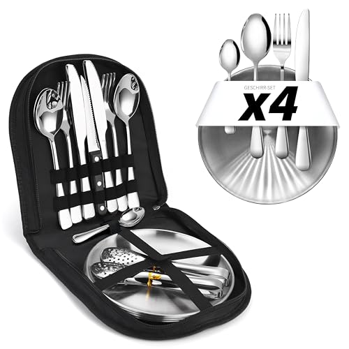 [23-teiliges 4 Personen] Camping Geschirr Set – Besteckset mit Edelstahl Gabeln, Messer und Löffel. Inklusive Bestecktasche – Tragbares Besteck für Outdoor, Picknick und Grillen. (Enthält 4 Teelöffel)