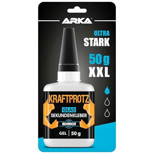 50 g Sekundenkleber für Glas & Spiegel extra stark - Glaskleber transparent wasserfest, hitzebeständig & Verschluss gegen Austrocknung - zum Verkleben von Glas & Acrylglas aller Art - ARKA Kraftprotz