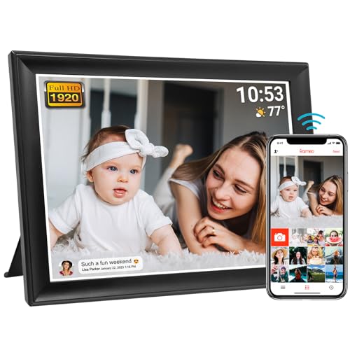 64GB FRAMEO 10.5 Zoll Digitaler Bilderrahmen WiFi Smart 1920x1280 FHD IPS LCD Touchscreen, Auto-Drehen, Unterstützung SD-Karte auf USB-Laufwerk, 2,4/5 GHz, Teilen Sie Momente sofort über Frameo App