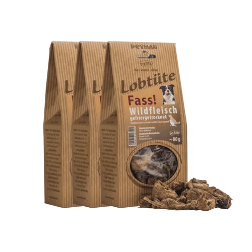 PETMAN Lobtüte FASS! Wildfleisch 3x80g – Hundefutter Snack - Proteinreiches Einzelfuttermittel für Hunde und Katzen, Barf-geeignet - Made in Germany