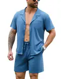 Irdcomps Schlafanzug Herren Kurz Pyjama Sommer Set Shorty Männer Baumwolle Nachtwäsche Geknöpft Kurzarm Blau XL