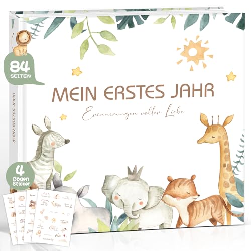 Mein erstes Jahr Babyalbum, Hochwertig Babytagebuch Baby Erinnerungsbuch für das erste Lebensjahr, Fotobuch Babygeschenk Geschenke für Geburt Mädchen &Junge & werdende Mütter Hardcover Waldtieren