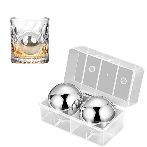 2 Stücke 304 Edelstahl Eiskugeln mit Kunststoffbox, 55MM Runde Whisky Steine, Wiederverwendbare Kühlsteine, Eiswürfel Steine aus Metall für Cocktail/Bier/Wein/Party/Bar, Geschenkset für Papa/Ehemann