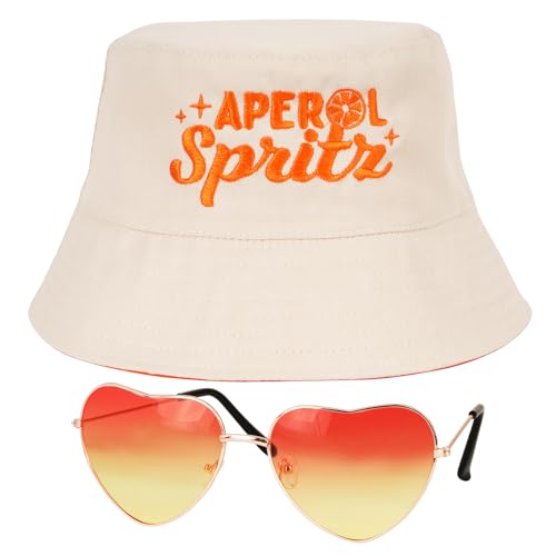 BOFUNX Apero Spritz Fischerhut Anglerhut + Retro Orange Brillen in Herzform Apero Party Hut Apero Geschenk für Apero Liebhaber Fasching Karneval Cosplay Kostüme Accessoires