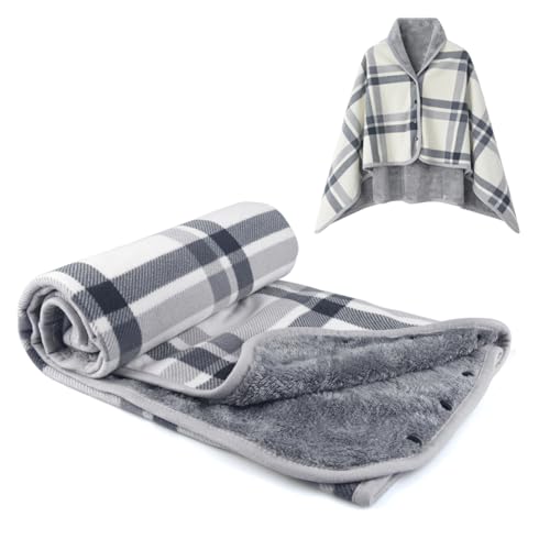 SIVENKE Damen Poncho Fleece Tragbare Decke, Karierte Schoßdecke Bequemer Poncho Plüschdecken Überwurf Schal Wickelbezug Umhang mit Knöpfen für Bett Sofa Büro 100 x 140 cm