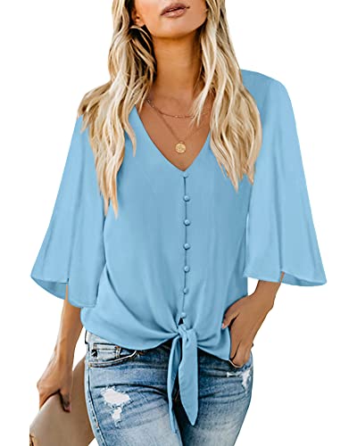 Utyful Bluse für Frauen Sommer Casual V-Ausschnitt 3/4 Krawatte Knoten Glockenärmel Bluse Knopfleiste Shirts für Frauen, Ein Botton Tie - hellblau, Large