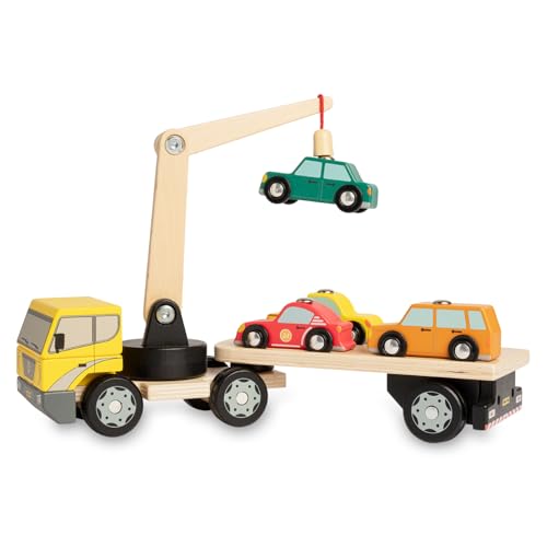 Nene Toys Magnetischer Holz-Autotransporter für Kinder ab 3 Jahren – Magnetspiel mit 4 Autos, 1 abnehmbarem Anhänger und Kran – Fahrzeuge & Holz-LKW – Holzspielzeug, Tolles Geschenk für Jungen Mädchen