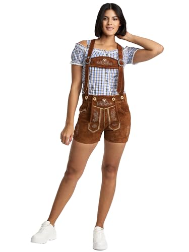 STEIGENHÖFER Kurze Trachtenlederhose im Hotpants-Stil für Damen mit passenden Trägern, echtes Veloursleder in 3 Farben, Gr. 34-48, Farbe: Mittelbraun, Größe: 46