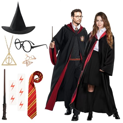 Zauberer Kostüm Erwachsene, Zauberer Cosplay Kostüm mit Magier Robe Bestehend aus Zauberstab Umhang Brille Halskette Zauberer Kostüme für Erwachsene Halloween Karneval Cosplay Fasching Party L