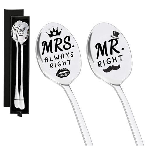 Hochzeitsgeschenke für Brautpaar, 2 Stück Mr & Mrs Löffel, Kaffeelöffel mit Gravur Mr Right Mrs Always Right, Hochzeit Geschenk für Couple, Paare Geschenk, Verlobungsgeschenk für Beide