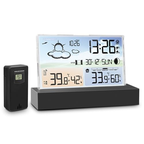 Wetterstation Funk mit Außensensor Wetterstation Wireless Indoor Outdoor Thermometer, Farbdisplay Digital Thermometer Humidity Monitor mit Atomic Clock,Kalender