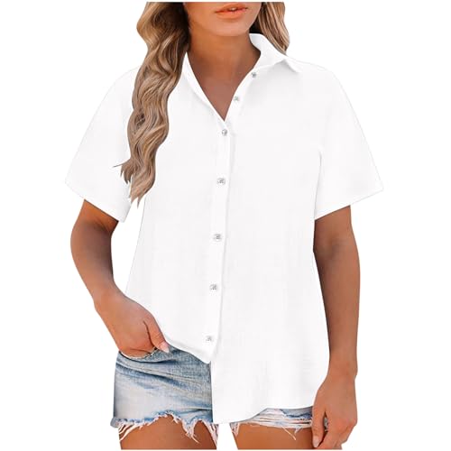 Keepink Damen Blusen & Shirts Kurzarm Button Down Bluse Baumwolle Leinen Tops Sommer Elegant Casual Shirts Oversized Tunika Damen Top Ausgehen Strand T-Shirts UK Übergröße S-5XL, 2 Weiß, S