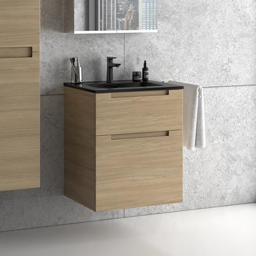 Zentrobad Premium Waschbecken mit Unterschrank 60 cm Waschtisch Badmöbel Badezimmer Schrank Badschrank mit Zwei Schubladen (Eiche Natur)