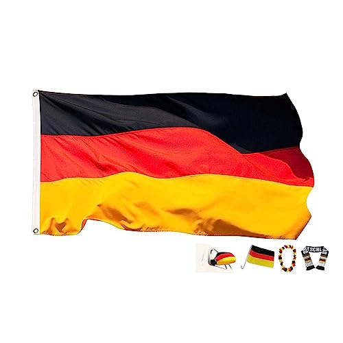Fußball Fan-Set für Deutschland Fans mit National-Fahne, Auto-Flagge, Schal, Spiegel-Socken und Hawaii-Kette, Ideal für EM oder WM, Public Viewing, Stadion-Besuche und Partys, Für Kinder u. Erwachsene