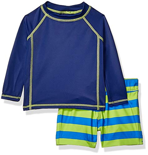 Amazon Essentials Baby Jungen Langarm-Badeanzug-Sets mit Rashguard und Badehose, Blau/Grün Streifen, 18 Monate