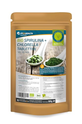 FP24 Health Bio Spirulina + Chlorella - 1000 Tabletten 500g - 500mg pro Tablette - Plantensis und Vulgaris Algen - Hochdosiert - Presslinge - Top Qualität