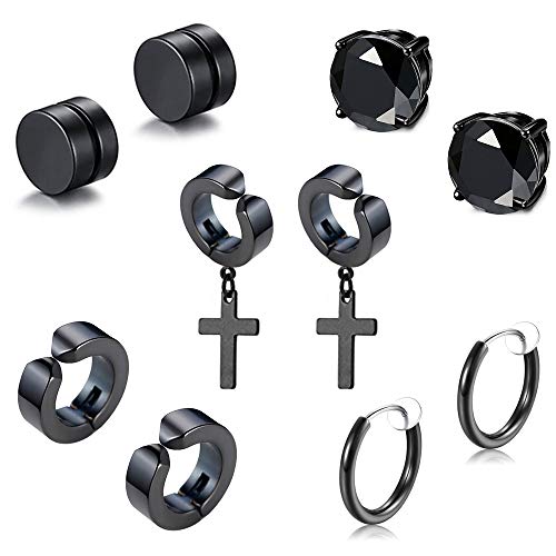 Fu You 5 Paare Set Edelstahl Clip Ohrringe Schwarz für Herren Damen, Fake Ohrringe Magnet Herren, Ohrringe Kreuz Herren Damen, Diamant Ohrringe Ohne Ohrloch Non-Piercing creolen Ohrclips Schwarz