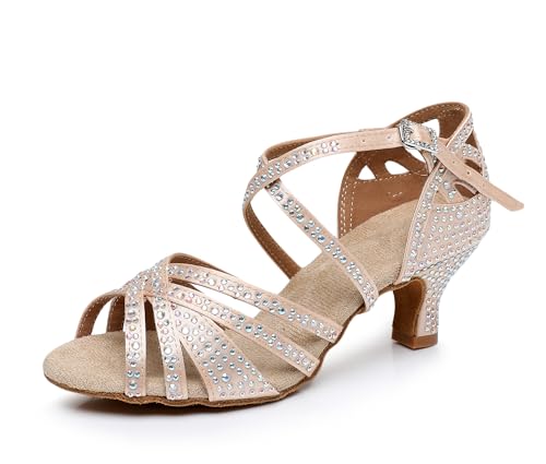 Rosefinch Damen Latein-Tanz-Strass-Schuhe,weiche Unterseite,Moderne Pole-Dance-Ballsaal-Tanz-Hochzeitsschuhe,Latein-Schuhe für Mädchen und Damen,Beige 5cm Absatz 40EU