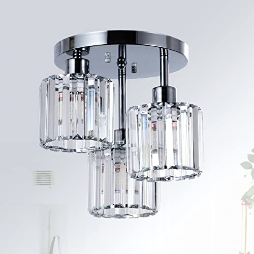 Rayofly Modern Kristall Kronleuchter, 3-flammig Kristall Deckenleuchte mit Glas Lampenschirm, Deckenlampe Hängend Wohnzimmer, Glas Pendelleuchte für Schlafzimmer, Küche, Flur, Badezimmer, Chrom