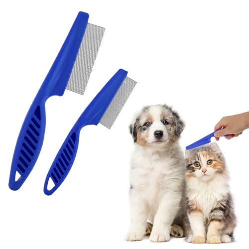 TIESOME Haustierhaarkamm Tränenfleckentfernung, 2 Pack Multifunktionskämme für Haustiere Grooming Kit 2 in 1 Hundekämme Edelstahlkamm Massagekamm Doppelseitiger Kamm(Blau)