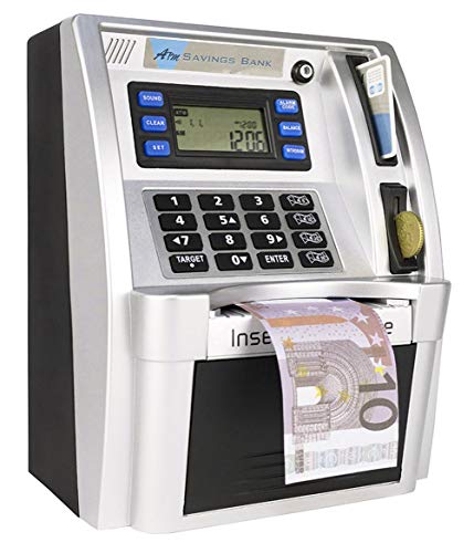 LB Geldbank Geldautomat für Kinder Sparbank Elektronischer digitaler Geldautomat Spardose für Münzen und Scheine,Mini Sparschwein,Schwarz/Silber(Euro Version)