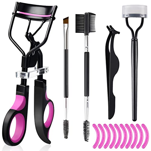 qiipii Wimpernzange Set 5 in 1 Eyelash Curler Kit mit Wimperntrenner Werkzeug Wimpernkamm BrauenKamm Pinzette Augenbrauenbürste 10 Ersatzpads Nachfüllpads für Alle Augenformen Augenwimpern Augenbrauen