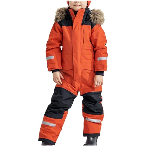 Schneeanzug Kinder Warmes Daunenjacke Set Wasserdichter Winter Skijacke Softshell Dickere Skihose Fellkragenkapuze Winddichter Skianzug Reflektierenden Streifen Schneeoverall (Orange, 6-7Year)