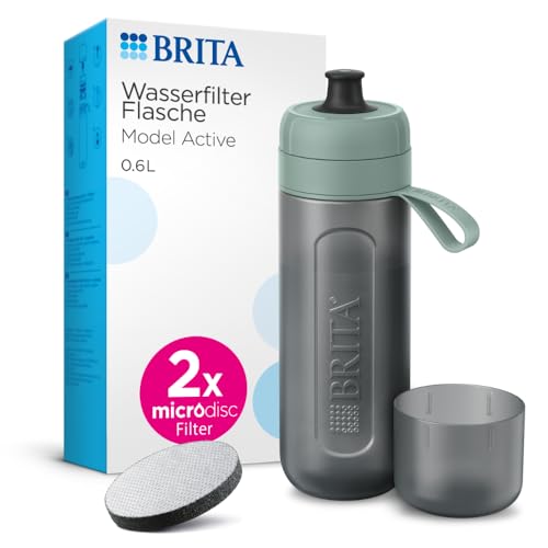 BRITA Sport Wasserfilter Flasche Model Active dunkelgrün (600ml) inkl. 2 MicroDisc Filter – zusammendrückbare BPA-freie Flasche für unterwegs, Trinkflasche filtert beim Trinken/spülmaschinengeeignet