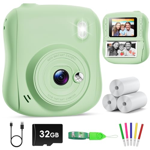 Hangrui Kinderkamera Sofortbildkamera, 14MP Sofortbildkamera Kinder mit 32G Karte & Druckpapier, 1080P Kamera Kinder Sofortdruck mit Farbige Stifte, Geschenk für 3-12 Jungen und Mädchen