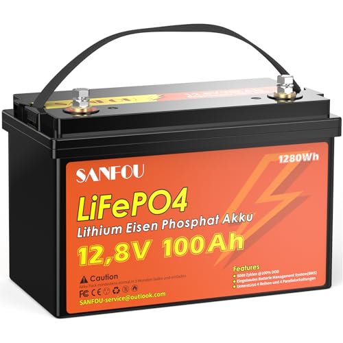 SANFOU 12,8V 100 Ah LiFePO4 Batterie, 1280Wh Lithium Akku mit 100A BMS, 5000-15000 Mal Deep Cycle Batterien, Unterstützung 4S4P, perfekt als Stromquelle für Wohnmobile Camping