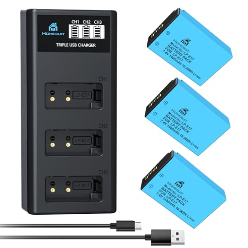 Homesuit LP-E17 Akku 1400mAh und USB LCD Ladegerät Kit für Canon Rebel SL3, SL2, T8i, T7i, T6i, T6s, EOS R10, RP, M3, M5, M6, 200D, 77D, 750D, 760D, 800D, 8000D und mehr (3er-Pack)