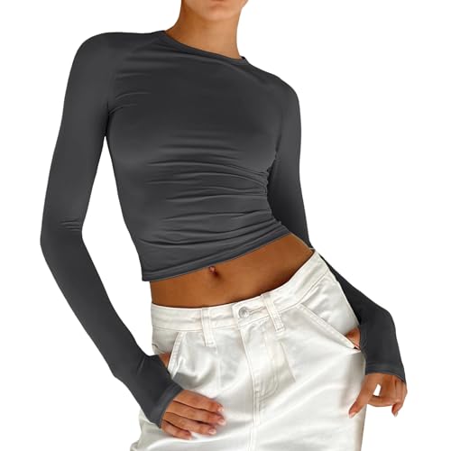 Damen Slim Tops Langarm Rundhals Crop Top T-Shirt Basic Solid Tight Slim Fit Cropped Shirt Workout Yoga Laufbekleidung Damen (Dark Gray, M)