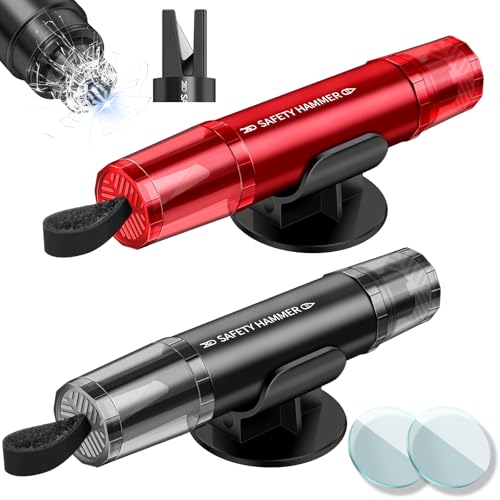 ROELLY 2 Stück Gurtschneider, 2-in-1-Notfallhammer Auto Mit Gurtschneider, Tragbarer Notfall-Nothammer Mit Sockel für Notfallrettung und Sicherheitsnotfall (Schwarz + Rot)