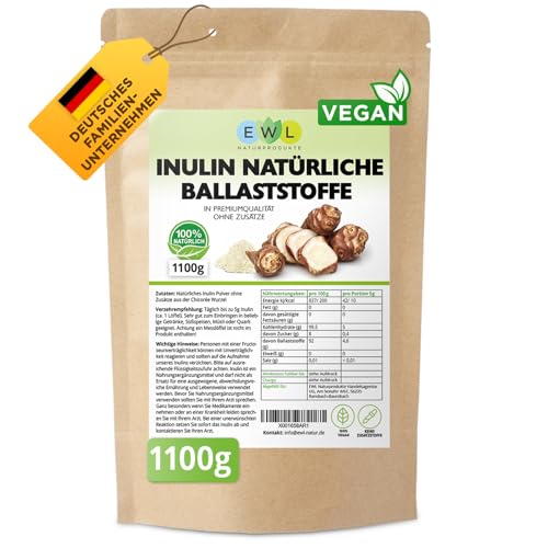 EWL Naturprodukte Inulin Pulver│in Deutschland kontrolliert und abgefülltes Qualitätsprodukt │1100g aus der Chicoree-Wurzel Ballaststoffpulver Inulinpulver Laborgeprüfte Qualität