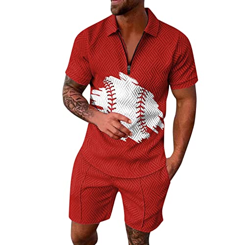 Herren Mode Freizeit Meer Strand Urlaub 3D Digitaldruck Reißverschluss Kurzarm Hemd Shorts Zweiteiler Hochzeit T-Shirt mit Short Sommer Trainingsanzug Set mit Taschen 2024 Casual T Shirts (Red, XXXL)