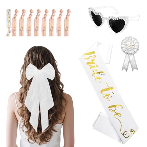 BORISCA Braut Accessoires Jga, 1 Haarspange Weißer Elegante Tüll + 1 Herz Sonnenbrille Perle + 1 Bride to be Schärpe + 1 Abzeichen + 9 Einfassungsriemen, für Junggesellenabschied und Hochzeitsfotograf