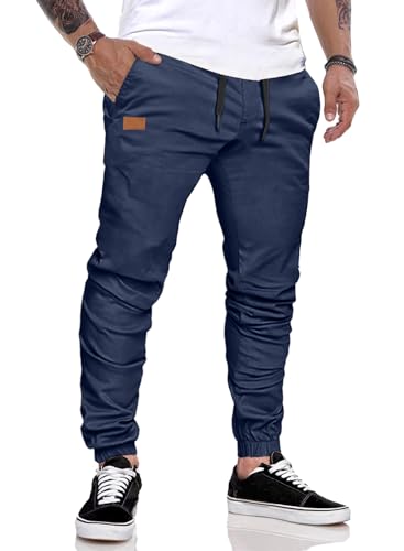 JMIERR Herren Hose Chino Cargo Hose Jogginghose Herren Baumwolle Sporthose Casual Freizeithose Elastische Taille mit Kordelzug Sweatpants Herren mit Taschen, Blau L