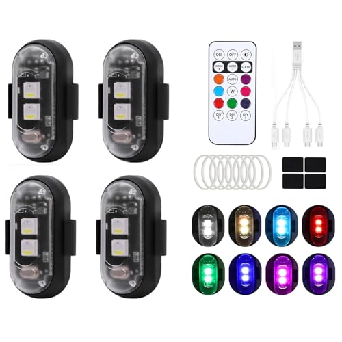 Bacxzomx 4 Stück Kabellose LED Lichter Auto, 8 Farbiges Strobe Drone Light, Fernbedienung Blitzlicht mit Fernbedienung, USB-Aufladung Antikollisionslichter für Drohne