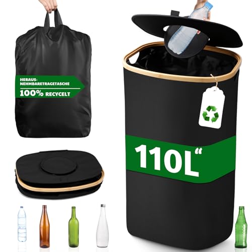 PHYSEN 110L Pfandflaschen Sammelbehälter mit Deckel, Pfandbehälter Aufbewahrung, Bambus Pfandflaschen Organizer, XXL Faltbar Flaschensammler Leergut Sammelbehälter mit Loch, Behälter Leergut & Altglas