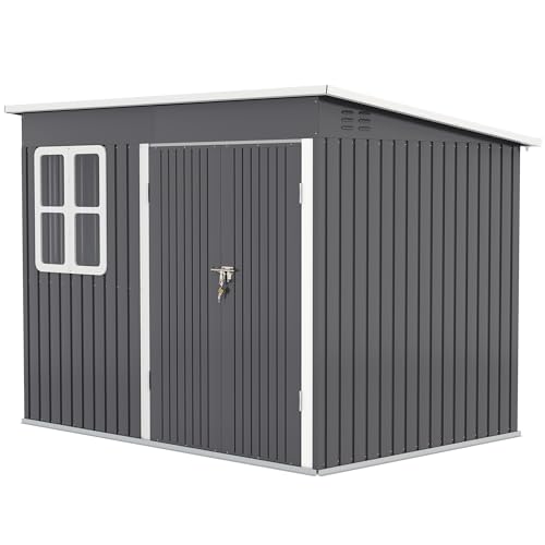 Outsunny Metall Gerätehaus 4,13 m² 260 x 177 x 190 cm Geräteschuppen mit Fenster Pultdach Abschließbarer Tür wetterfest Gartenhaus Outdoor Garten Schuppen Schrank für Hinterhof Außenbereich Dunkelgrau