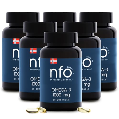 NFO OMEGA 3 1000 mg 6er Pack [6x60=360 Softgel Kapseln] Norwegen Omega 3 Kapseln hochdosiert, Fischöl mit EPA & DHA in Triglyceridform mit Vitamin E, Natürlicher Komplex aus Wildfisch aus Norwegen