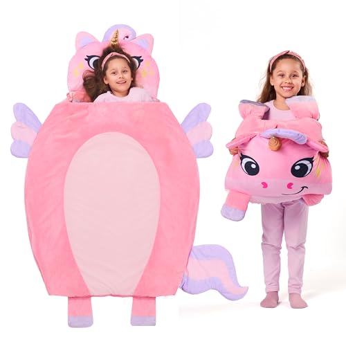 Joiedomi 152 x 99cm Kinderschlafsack –Schlafmatte für Kinder mit Kissen und Decke – 2-in-1 Faltbarer Kuscheltier für Jungen und Mädchen, Kindergarten, Übernachtung im Alter von 3–7 Jahren (Unicorn)