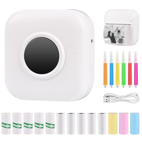 GuKKK Mini Drucker, Mobiler Fotodrucker, Tragbarer, Wireless Thermodrucker, mit 13 Rollen Druckerpapie und 6 Buntstifte, Smartphone Bluetooth, für Liste, Journal