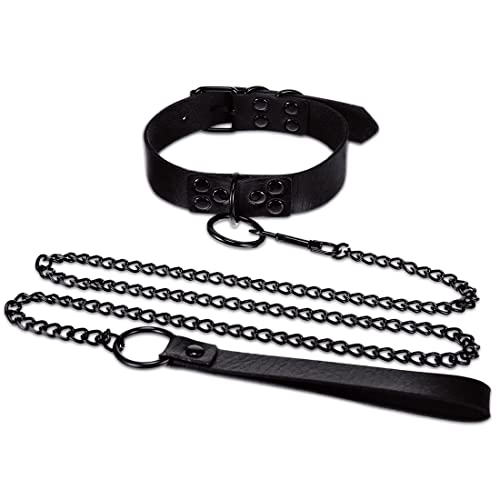 Punk Halskette aus PU Leder Halsband Geschirr mit Leine Ketten Schwarz Einstellbar Leder Halsbänder für Frauen Echtleder Lederhalsband Gothic Cosplay Choker Gürtel Harness