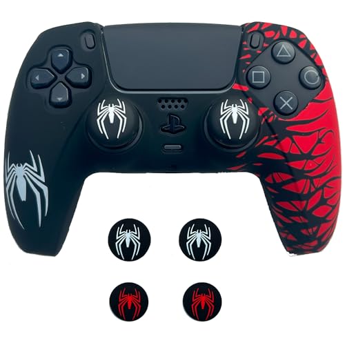 ElitePlay Schwarze und rote Spinne, rutschfeste Silikon-Schutzhülle für PS5-Controller, weiche Gummi-Hülle für PS5-Wireless-Controller mit 2 Sets Daumengriffen