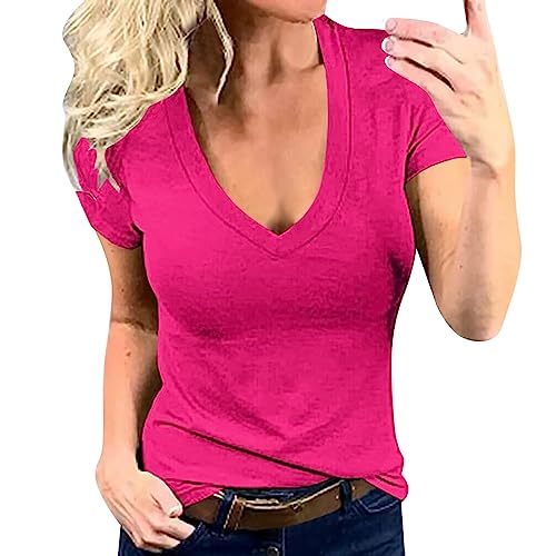 CGGMVCG Damen Tops Frauen Einfarbig Tiefer V-Ausschnitt Mode Sexy Kurzarm T-Shirt Damen T-Shirts, Hot Pink, XXL